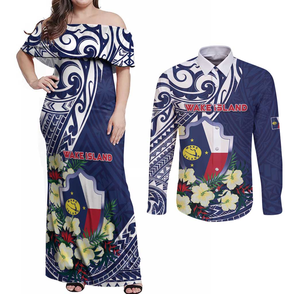 Personalised Wake Island Couples Matching Off Shoulder Maxi Dress and Long Sleeve Button Shirt Tribal Pattern With Hibiscus Flowers
