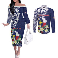 Personalised Wake Island Couples Matching Off The Shoulder Long Sleeve Dress and Long Sleeve Button Shirt Tribal Pattern With Hibiscus Flowers LT05 Blue - Polynesian Pride