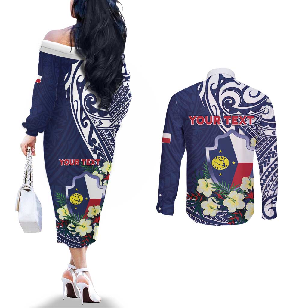Personalised Wake Island Couples Matching Off The Shoulder Long Sleeve Dress and Long Sleeve Button Shirt Tribal Pattern With Hibiscus Flowers LT05 - Polynesian Pride