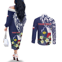 Personalised Wake Island Couples Matching Off The Shoulder Long Sleeve Dress and Long Sleeve Button Shirt Tribal Pattern With Hibiscus Flowers LT05 - Polynesian Pride