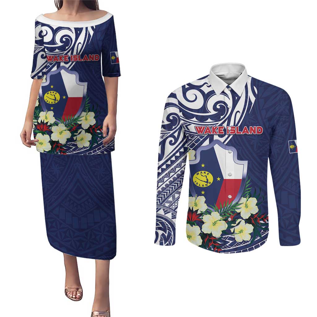 Personalised Wake Island Couples Matching Puletasi and Long Sleeve Button Shirt Tribal Pattern With Hibiscus Flowers