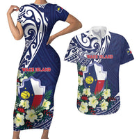 Personalised Wake Island Couples Matching Short Sleeve Bodycon Dress and Hawaiian Shirt Tribal Pattern With Hibiscus Flowers LT05 Blue - Polynesian Pride