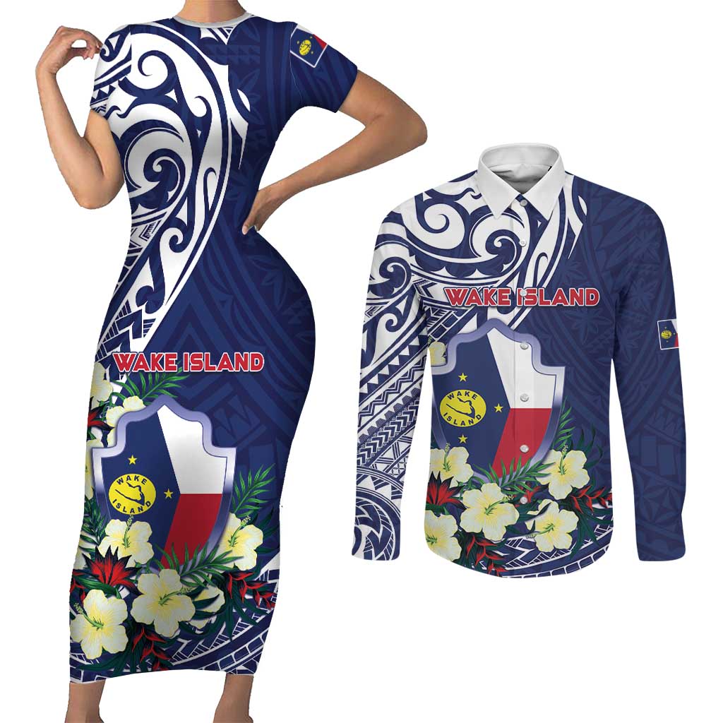 Personalised Wake Island Couples Matching Short Sleeve Bodycon Dress and Long Sleeve Button Shirt Tribal Pattern With Hibiscus Flowers