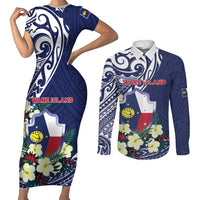 Personalised Wake Island Couples Matching Short Sleeve Bodycon Dress and Long Sleeve Button Shirt Tribal Pattern With Hibiscus Flowers LT05 Blue - Polynesian Pride