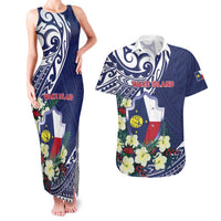 Personalised Wake Island Couples Matching Tank Maxi Dress and Hawaiian Shirt Tribal Pattern With Hibiscus Flowers LT05 Blue - Polynesian Pride