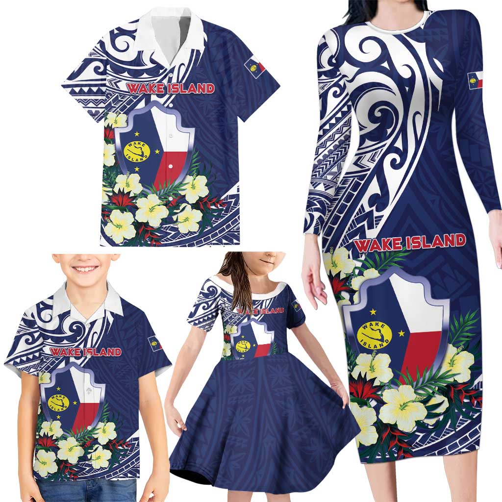 Personalised Wake Island Family Matching Long Sleeve Bodycon Dress and Hawaiian Shirt Tribal Pattern With Hibiscus Flowers