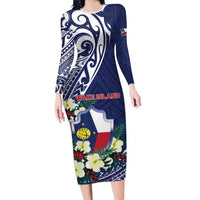Personalised Wake Island Family Matching Long Sleeve Bodycon Dress and Hawaiian Shirt Tribal Pattern With Hibiscus Flowers LT05 Mom's Dress Blue - Polynesian Pride