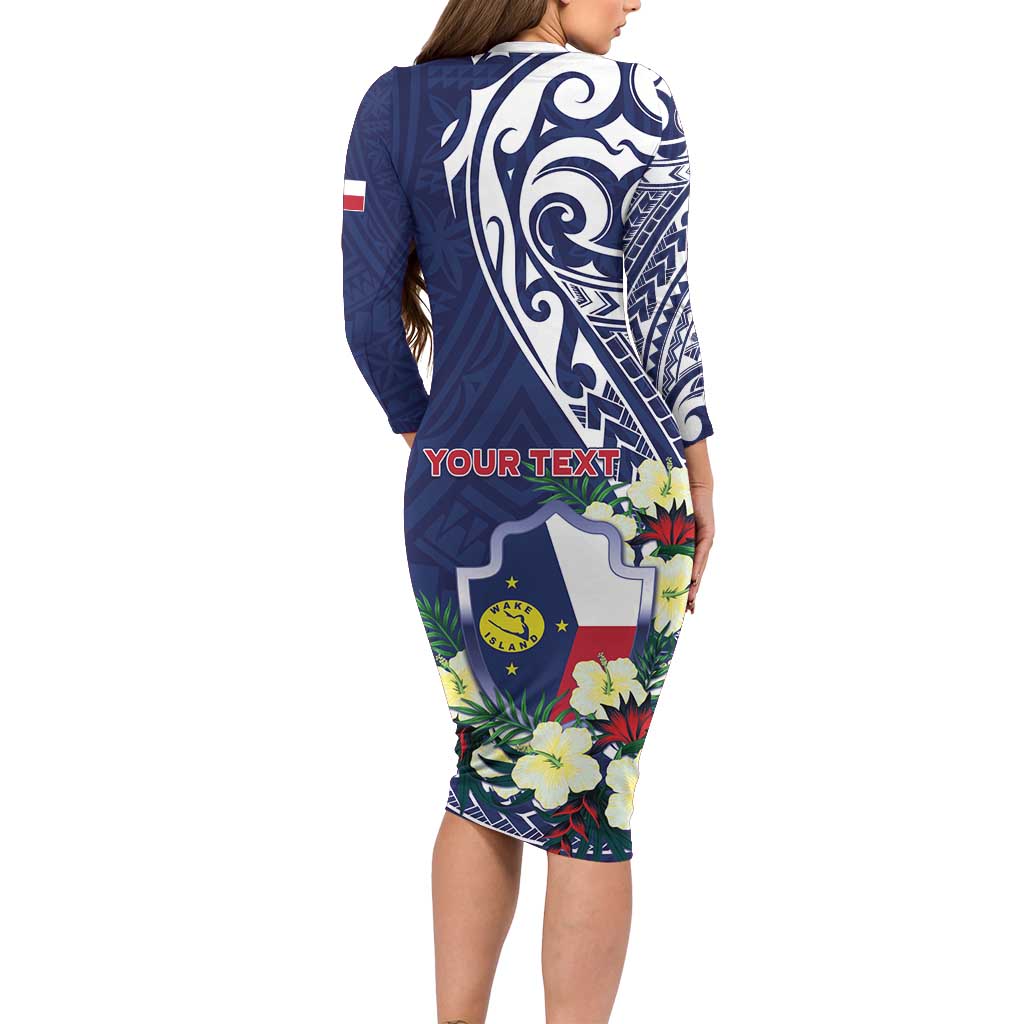 Personalised Wake Island Family Matching Long Sleeve Bodycon Dress and Hawaiian Shirt Tribal Pattern With Hibiscus Flowers LT05 - Polynesian Pride