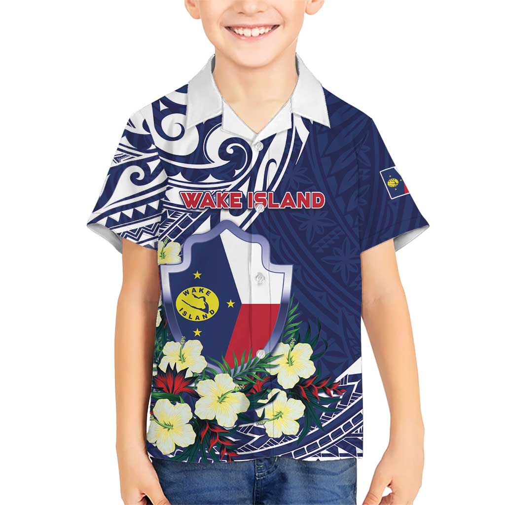 Personalised Wake Island Family Matching Long Sleeve Bodycon Dress and Hawaiian Shirt Tribal Pattern With Hibiscus Flowers LT05 Son's Shirt Blue - Polynesian Pride