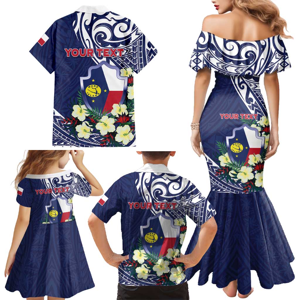 Personalised Wake Island Family Matching Mermaid Dress and Hawaiian Shirt Tribal Pattern With Hibiscus Flowers LT05 - Polynesian Pride