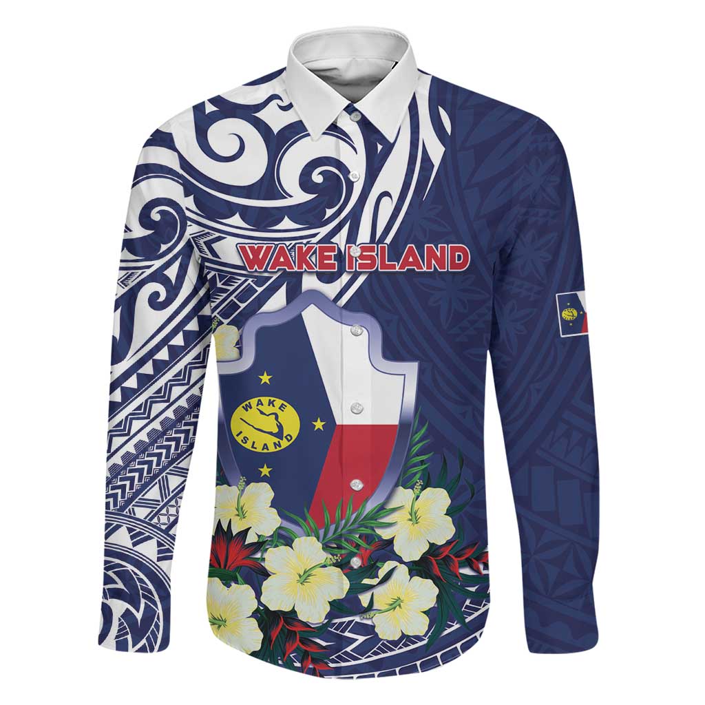 Personalised Wake Island Family Matching Mermaid Dress and Hawaiian Shirt Tribal Pattern With Hibiscus Flowers LT05 Dad's Shirt - Long Sleeve Blue - Polynesian Pride