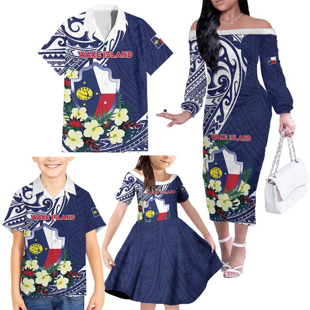 Personalised Wake Island Family Matching Off The Shoulder Long Sleeve Dress and Hawaiian Shirt Tribal Pattern With Hibiscus Flowers LT05 - Polynesian Pride