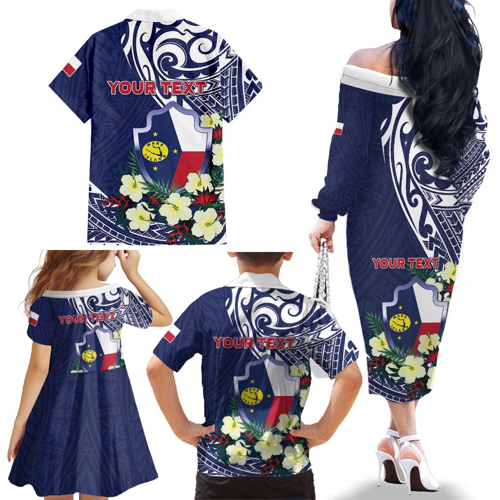 Personalised Wake Island Family Matching Off The Shoulder Long Sleeve Dress and Hawaiian Shirt Tribal Pattern With Hibiscus Flowers LT05 - Polynesian Pride