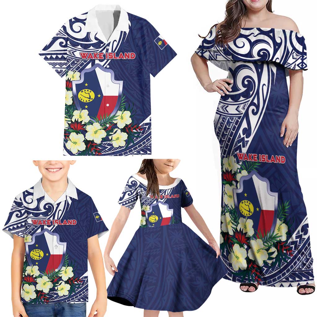 Personalised Wake Island Family Matching Off Shoulder Maxi Dress and Hawaiian Shirt Tribal Pattern With Hibiscus Flowers LT05 - Polynesian Pride