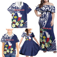 Personalised Wake Island Family Matching Off Shoulder Maxi Dress and Hawaiian Shirt Tribal Pattern With Hibiscus Flowers LT05 - Polynesian Pride