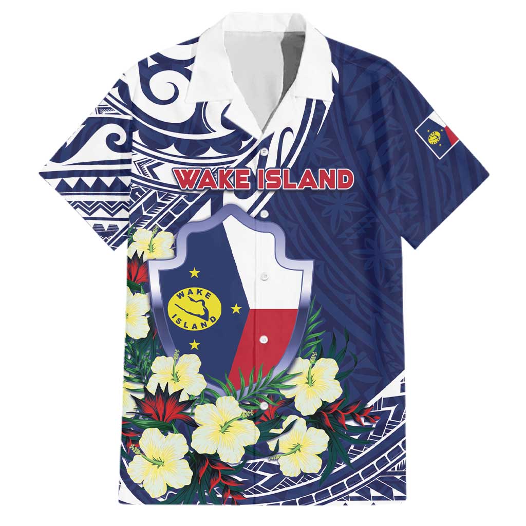 Personalised Wake Island Family Matching Off Shoulder Maxi Dress and Hawaiian Shirt Tribal Pattern With Hibiscus Flowers LT05 Dad's Shirt - Short Sleeve Blue - Polynesian Pride