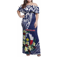 Personalised Wake Island Family Matching Off Shoulder Maxi Dress and Hawaiian Shirt Tribal Pattern With Hibiscus Flowers LT05 Mom's Dress Blue - Polynesian Pride