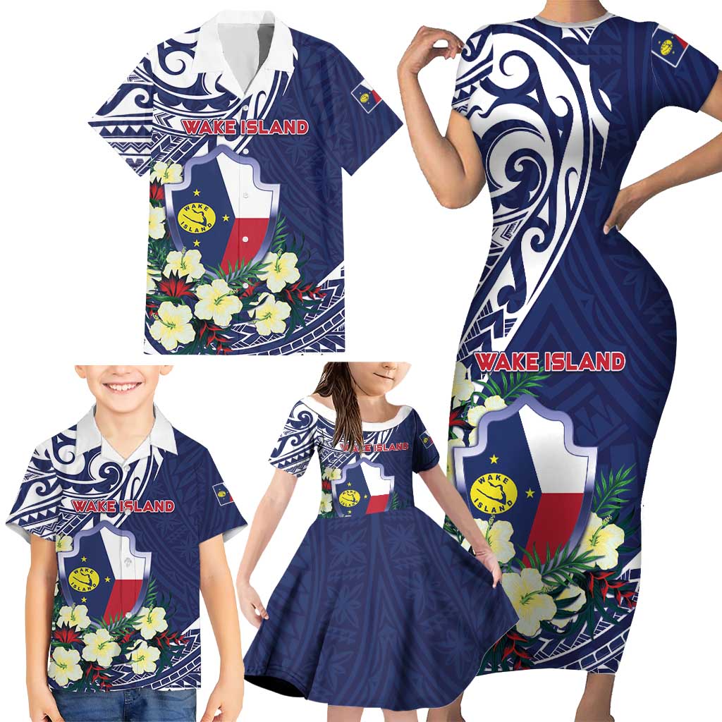 Personalised Wake Island Family Matching Short Sleeve Bodycon Dress and Hawaiian Shirt Tribal Pattern With Hibiscus Flowers LT05 - Polynesian Pride
