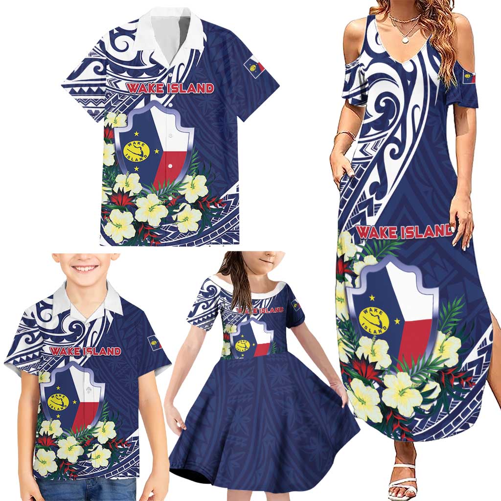 Personalised Wake Island Family Matching Summer Maxi Dress and Hawaiian Shirt Tribal Pattern With Hibiscus Flowers LT05 - Polynesian Pride