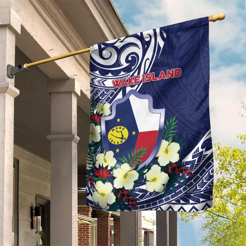Wake Island Garden Flag Tribal Pattern With Hibiscus Flowers
