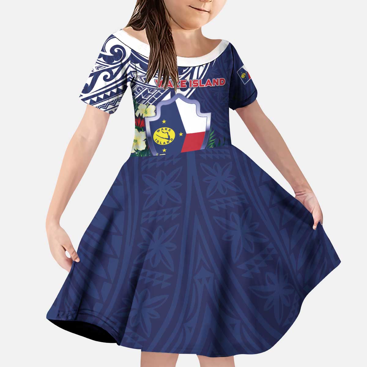 Personalised Wake Island Kid Short Sleeve Dress Tribal Pattern With Hibiscus Flowers LT05 KID Blue - Polynesian Pride
