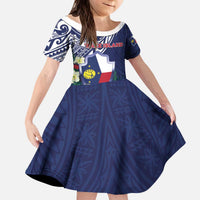 Personalised Wake Island Kid Short Sleeve Dress Tribal Pattern With Hibiscus Flowers LT05 KID Blue - Polynesian Pride