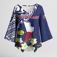 Personalised Wake Island Kimono Sleeve Blouse Tribal Pattern With Hibiscus Flowers LT05 Female Blue - Polynesian Pride