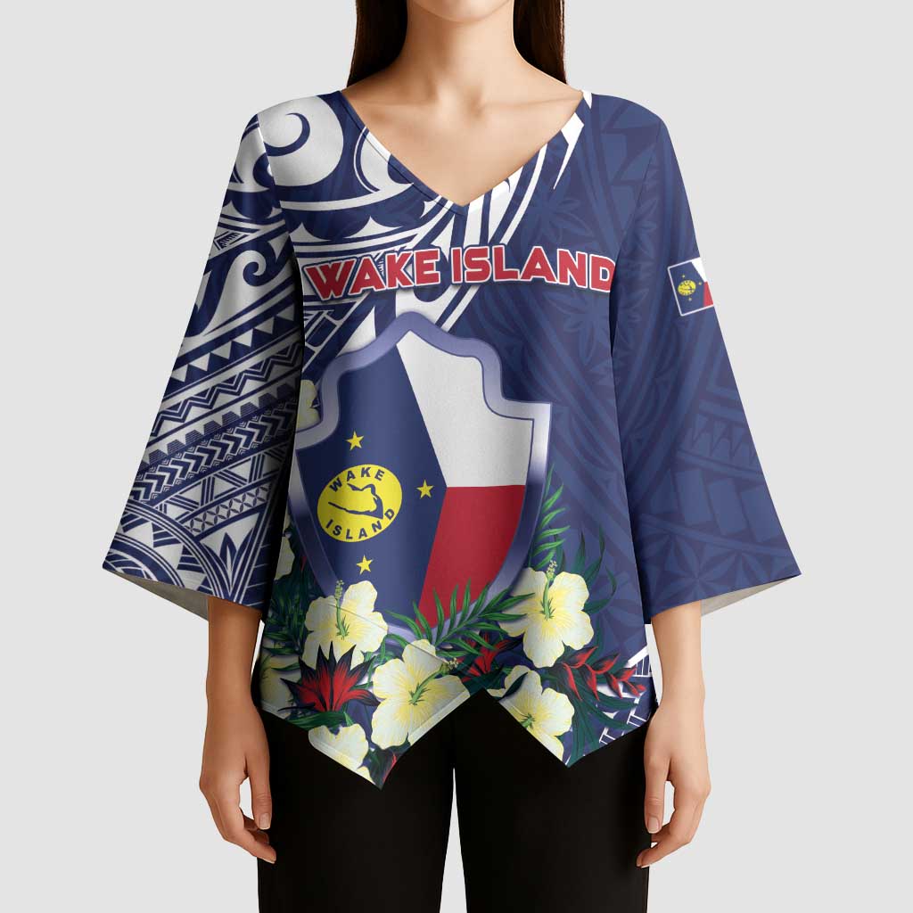 Personalised Wake Island Kimono Sleeve Blouse Tribal Pattern With Hibiscus Flowers LT05 - Polynesian Pride