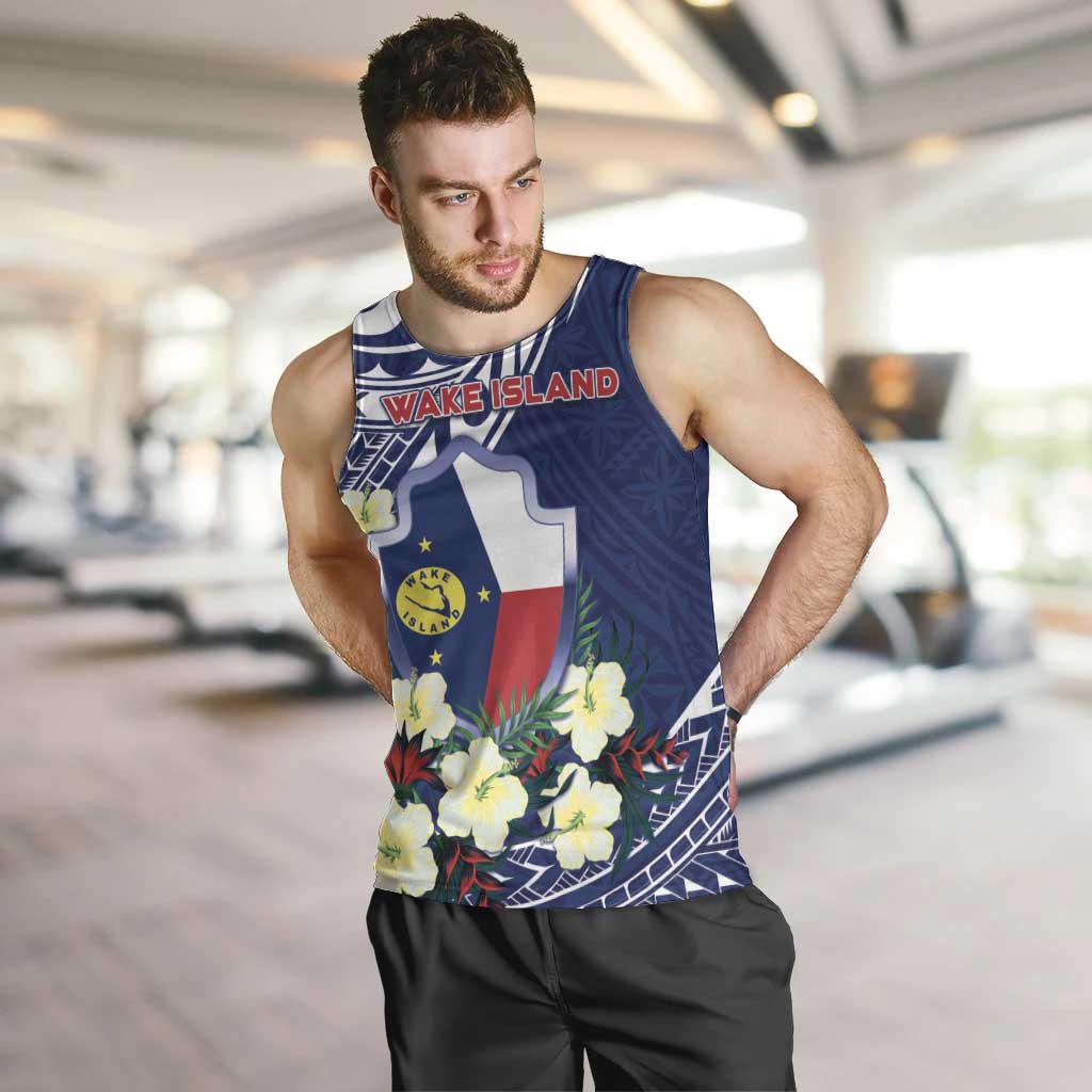 Personalised Wake Island Men Tank Top Tribal Pattern With Hibiscus Flowers LT05 Blue - Polynesian Pride