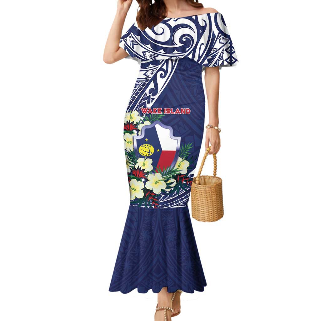 Personalised Wake Island Mermaid Dress Tribal Pattern With Hibiscus Flowers