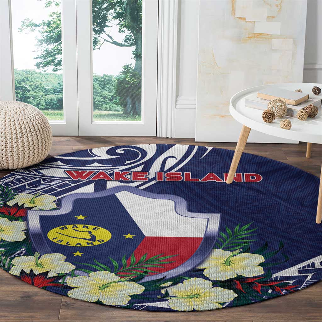 Wake Island Round Carpet Tribal Pattern With Hibiscus Flowers
