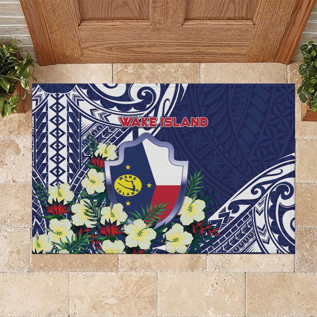 Wake Island Rubber Doormat Tribal Pattern With Hibiscus Flowers