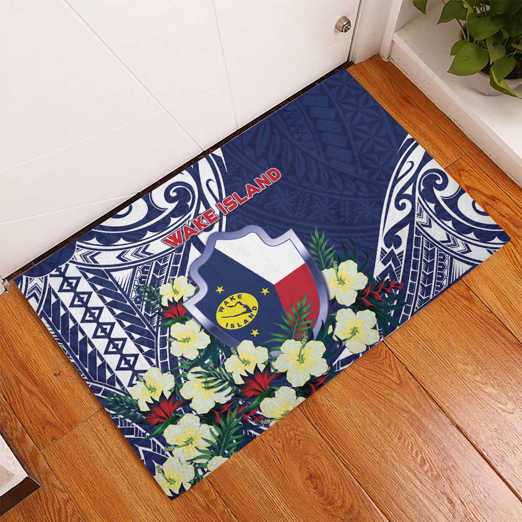 Wake Island Rubber Doormat Tribal Pattern With Hibiscus Flowers
