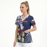 Personalised Wake Island Scrub Top Tribal Pattern With Hibiscus Flowers