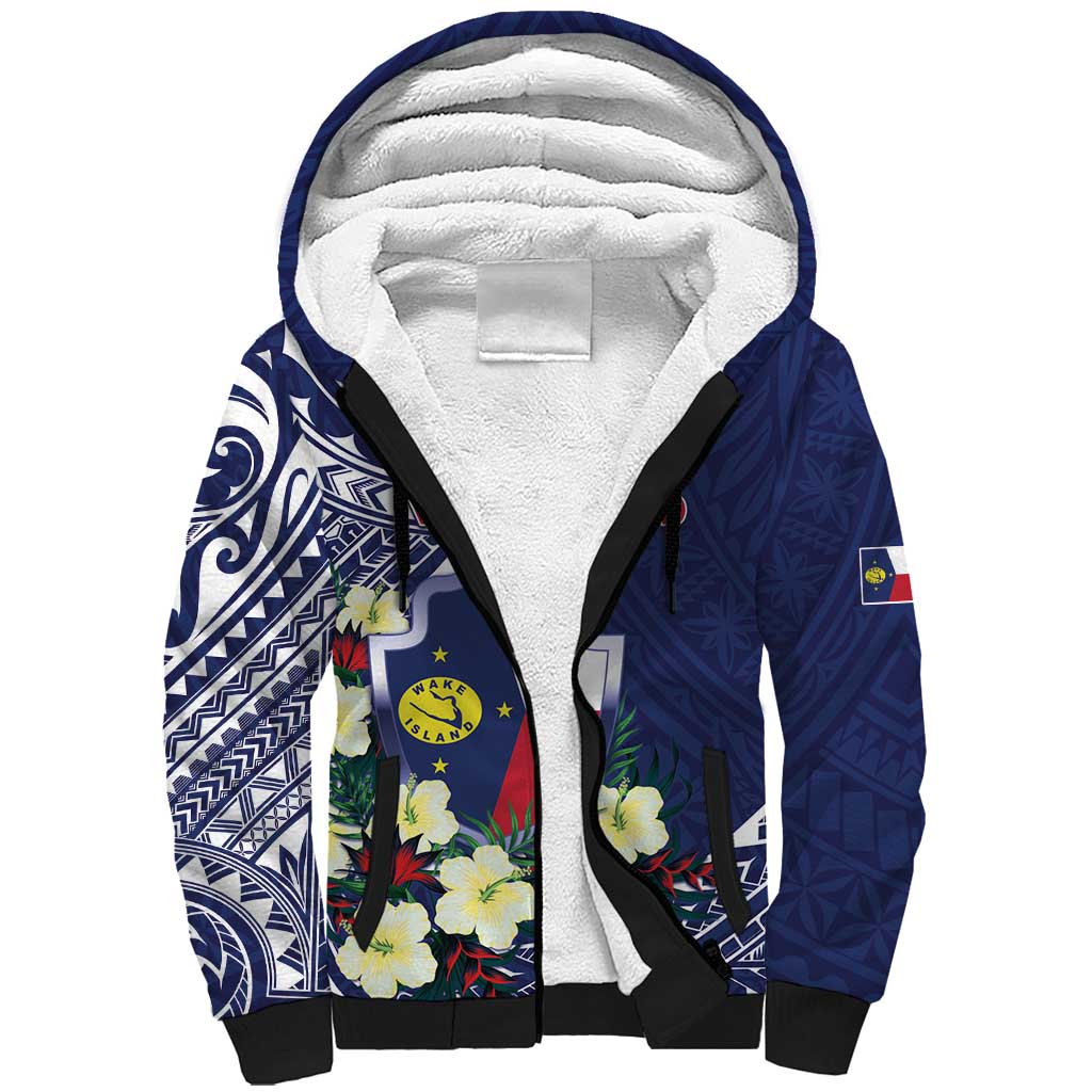 Personalised Wake Island Sherpa Hoodie Tribal Pattern With Hibiscus Flowers LT05 Unisex Blue - Polynesian Pride