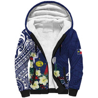 Personalised Wake Island Sherpa Hoodie Tribal Pattern With Hibiscus Flowers LT05 Unisex Blue - Polynesian Pride