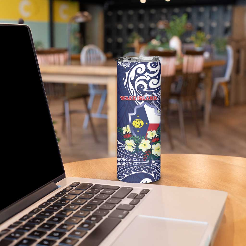 Personalised Wake Island Skinny Tumbler Tribal Pattern With Hibiscus Flowers
