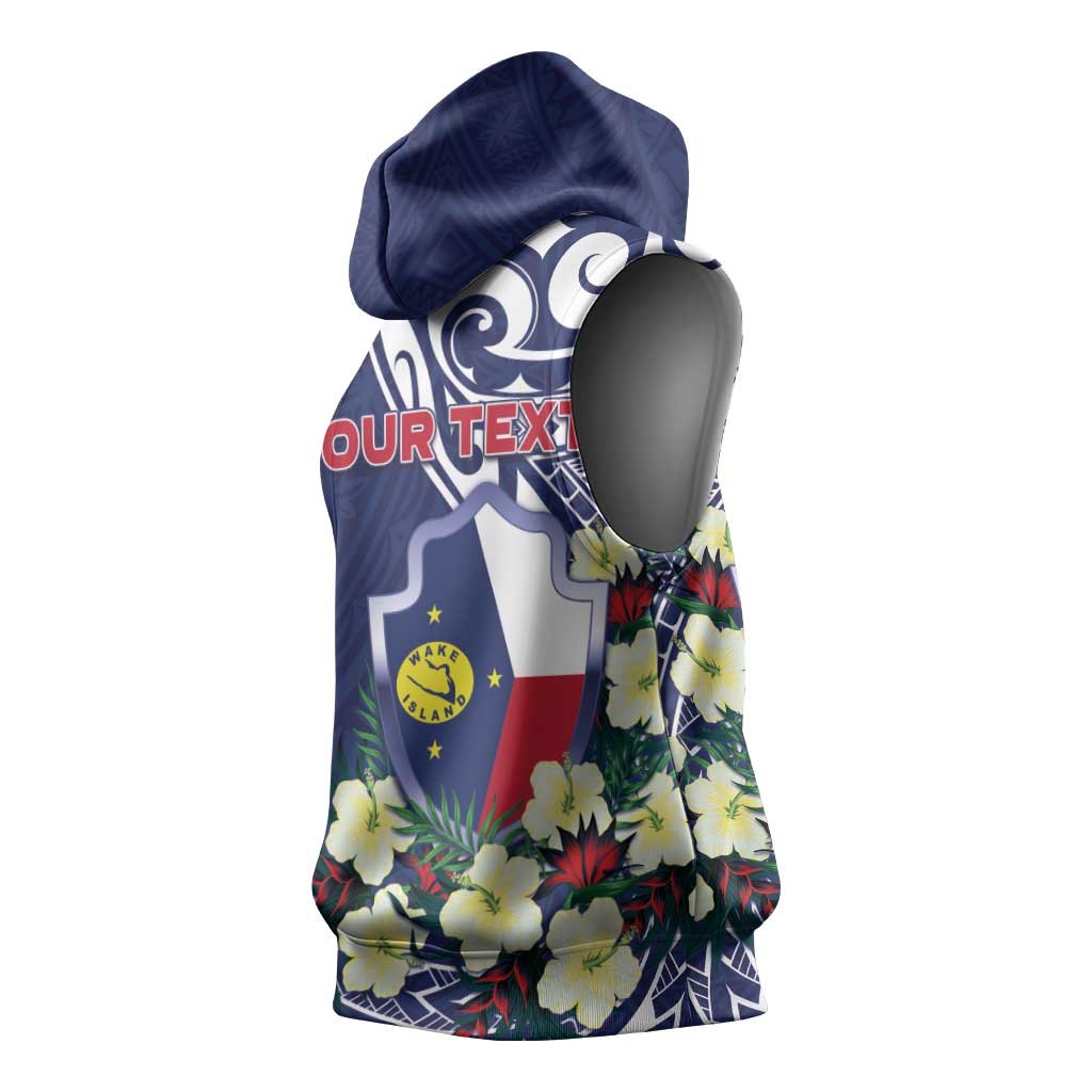 Personalised Wake Island Sleeveless Hoodie Tribal Pattern With Hibiscus Flowers