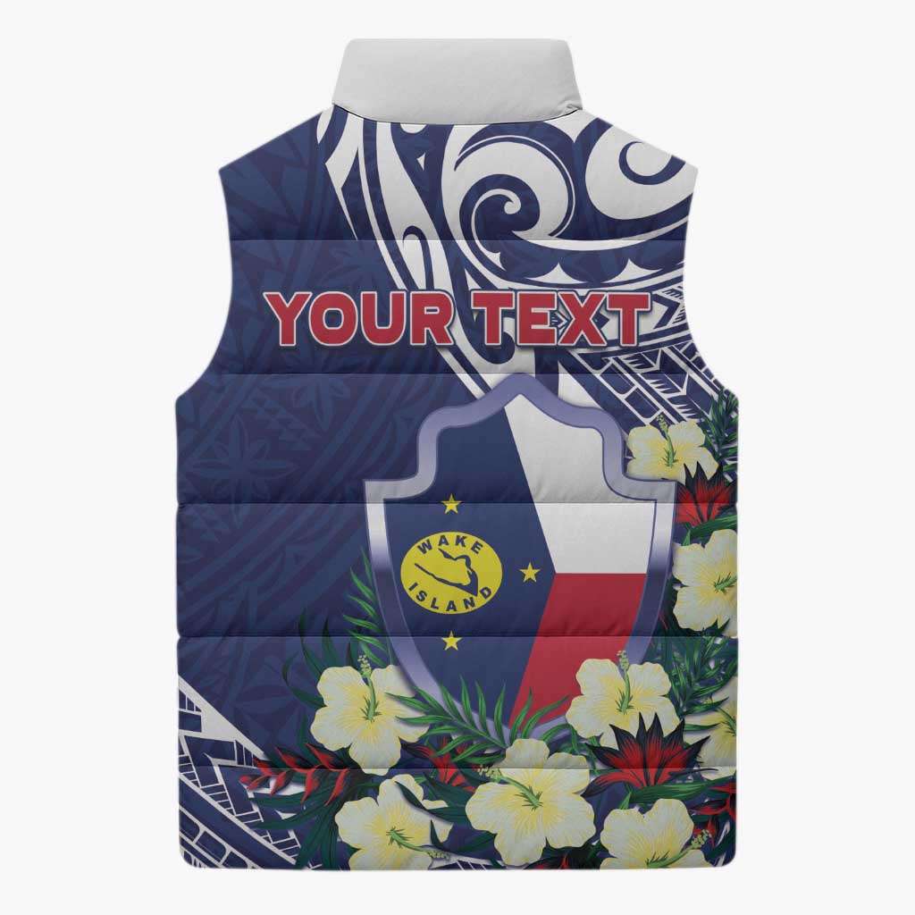 Personalised Wake Island Sleeveless Puffer Jacket Tribal Pattern With Hibiscus Flowers