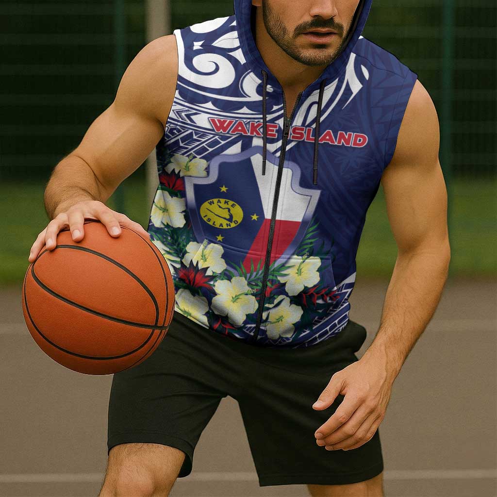 Personalised Wake Island Sleeveless Zip Hoodie Tribal Pattern With Hibiscus Flowers