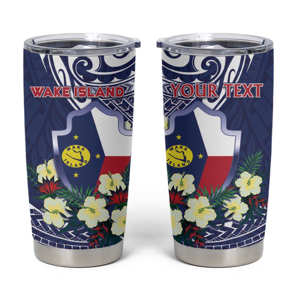 Personalised Wake Island Tumbler Cup Tribal Pattern With Hibiscus Flowers LT05 Blue - Polynesian Pride