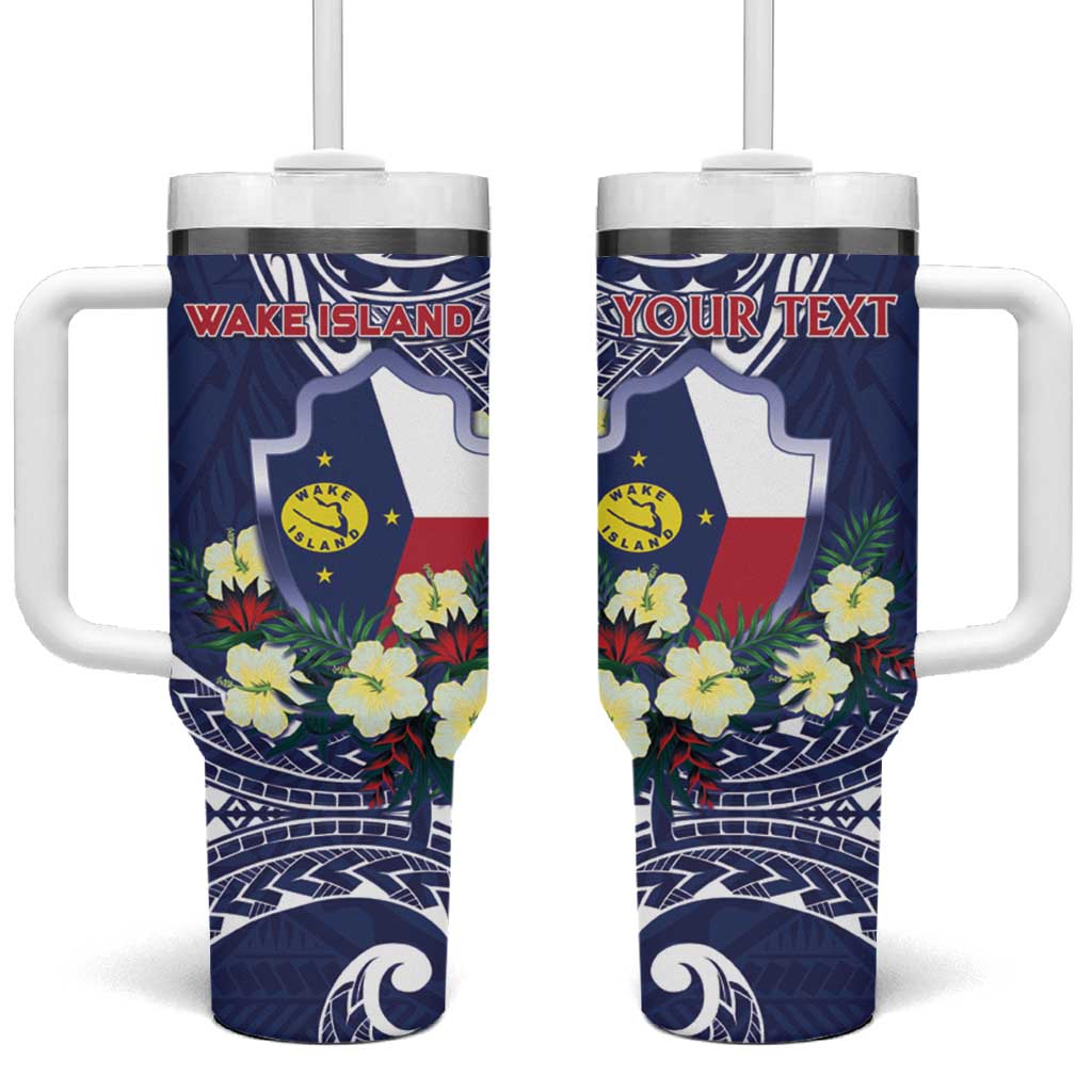 Personalised Wake Island Tumbler With Handle Tribal Pattern With Hibiscus Flowers LT05 One Size: 40 oz Blue - Polynesian Pride