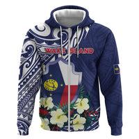 Personalised Wake Island Zip Hoodie Tribal Pattern With Hibiscus Flowers LT05 Zip Hoodie Blue - Polynesian Pride