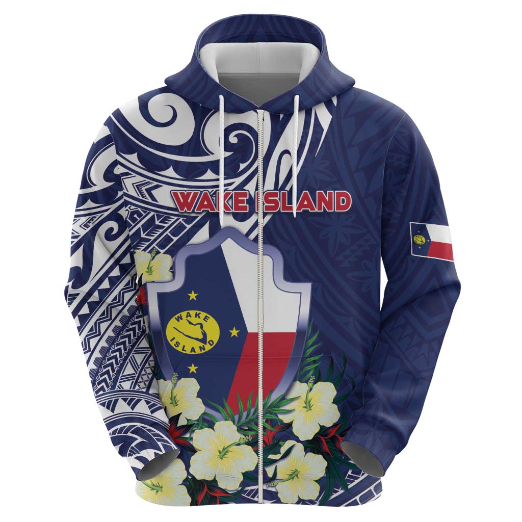 Personalised Wake Island Zip Hoodie Tribal Pattern With Hibiscus Flowers LT05 - Polynesian Pride