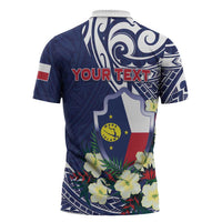 Personalised Wake Island Zipper Polo Shirt Tribal Pattern With Hibiscus Flowers