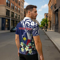 Personalised Wake Island Zipper Polo Shirt Tribal Pattern With Hibiscus Flowers