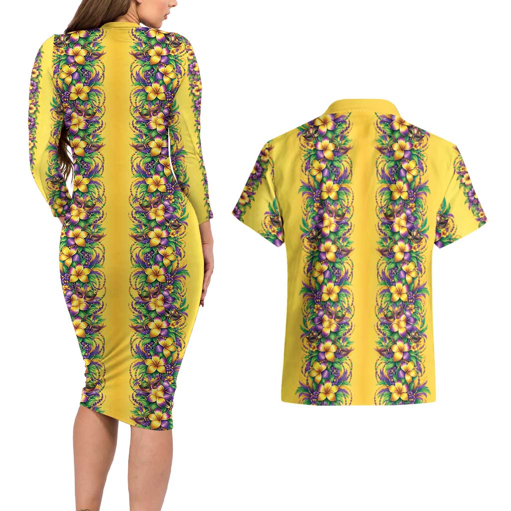Aloha Hawaii Mardi Gras Couples Matching Long Sleeve Bodycon Dress and Hawaiian Shirt Gold Style LT05 - Polynesian Pride