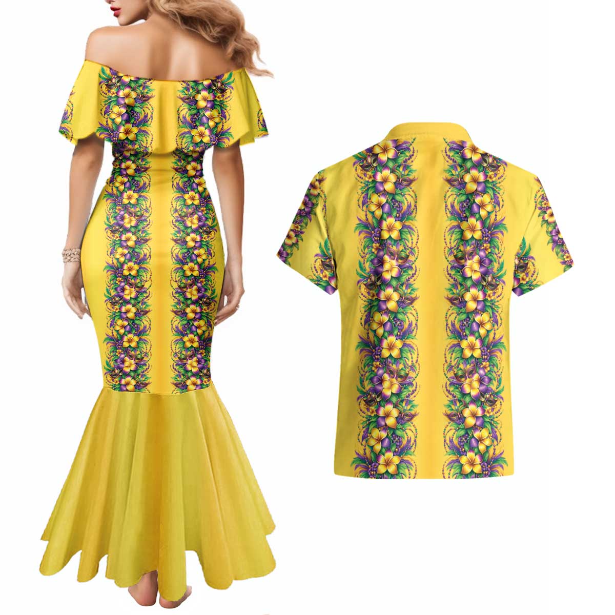 Aloha Hawaii Mardi Gras Couples Matching Mermaid Dress and Hawaiian Shirt Gold Style LT05 - Polynesian Pride