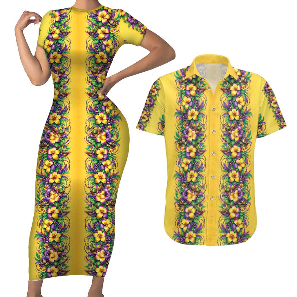 Aloha Hawaii Mardi Gras Couples Matching Short Sleeve Bodycon Dress and Hawaiian Shirt Gold Style LT05 Gold - Polynesian Pride