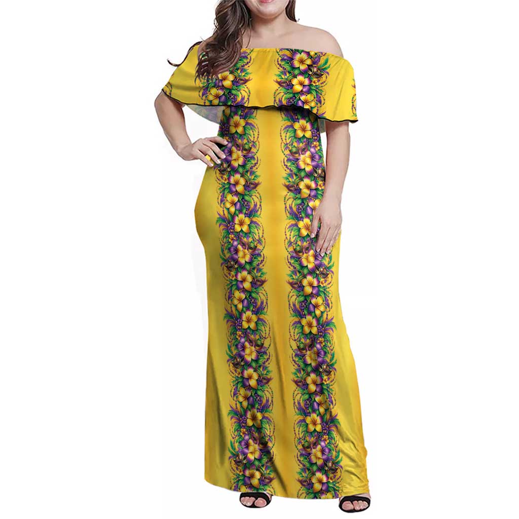 Aloha Hawaii Mardi Gras Family Matching Off Shoulder Maxi Dress and Hawaiian Shirt Gold Style LT05 Mom's Dress Gold - Polynesian Pride